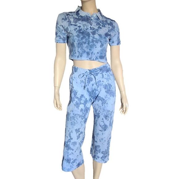 Baby Blue Tie Dye Capri And Crop Top Set - Picture 1 of 6